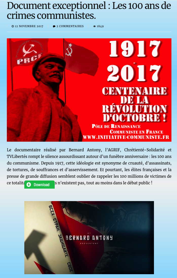 Page Internet. Islam et Vérité. Document exceptionnel. Les 100 ans de crimes communistes. 2017-11-12